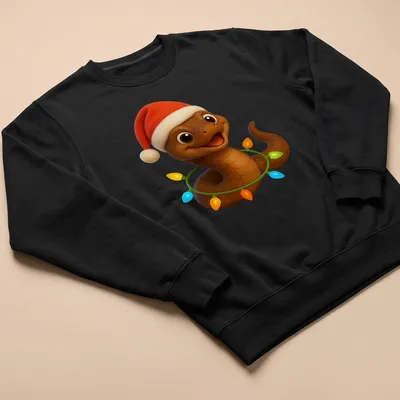Cartoon snake with a Santa hat wrapped in colorful Christmas lights — printed on a unisex sweatshirt