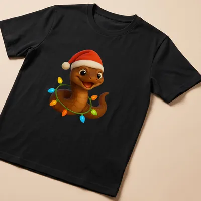 Cartoon snake with a Santa hat wrapped in colorful Christmas lights