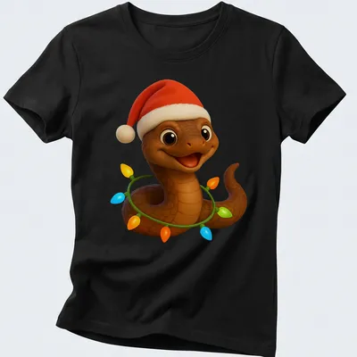 Cartoon snake with a Santa hat wrapped in colorful Christmas lights — printed on a women's shirt