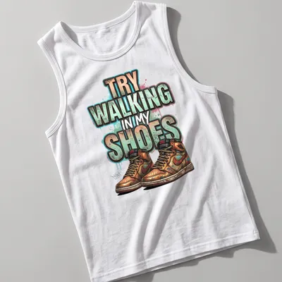 Graffiti style t-shirt featuring sneakers with the text 'Try Walking In My Shoes' — printed on a tank top