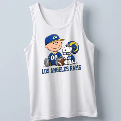 Snoopy and Charlie Brown in cartoon style with Los Angeles Rams text in blue, yellow, and white — printed on a tank top