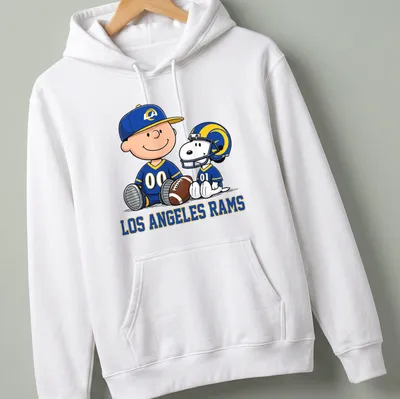 Snoopy and Charlie Brown in cartoon style with Los Angeles Rams text in blue, yellow, and white — printed on a unisex hoodie