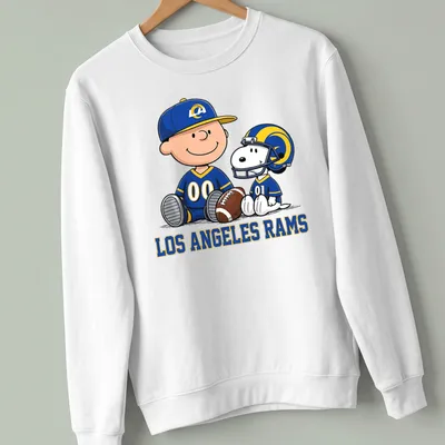 Snoopy and Charlie Brown in cartoon style with Los Angeles Rams text in blue, yellow, and white — printed on a unisex sweatshirt