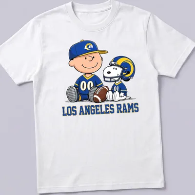 Snoopy and Charlie Brown in cartoon style with Los Angeles Rams text in blue, yellow, and white