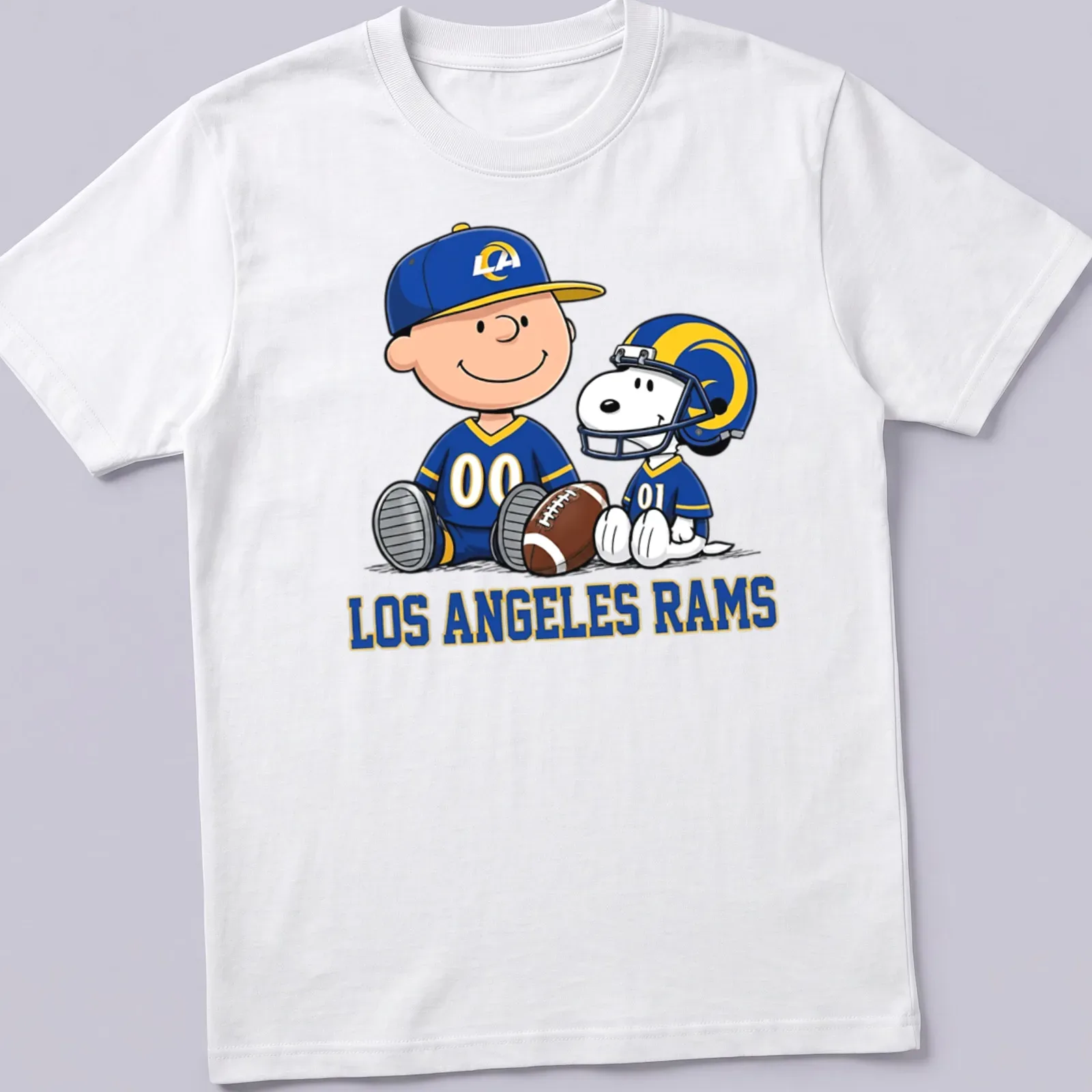 Snoopy and Charlie Brown in cartoon style with Los Angeles Rams text in blue, yellow, and white — printed on a unisex t-shirt