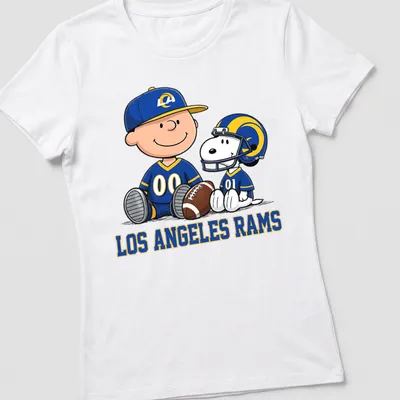 Snoopy and Charlie Brown in cartoon style with Los Angeles Rams text in blue, yellow, and white — printed on a women's shirt