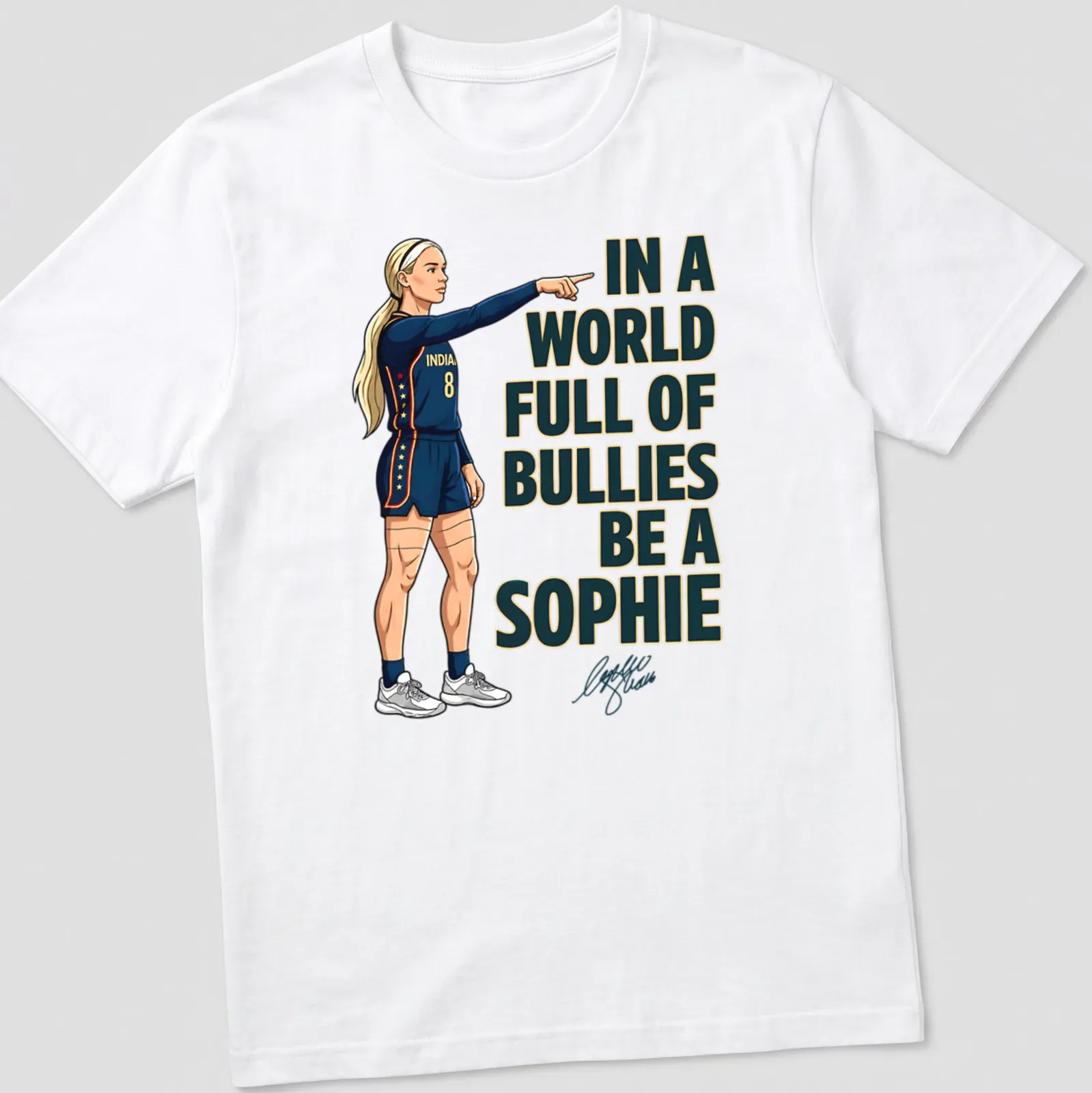 Illustrative design featuring a volleyball player with inspirational text against a navy blue background — printed on a unisex t-shirt
