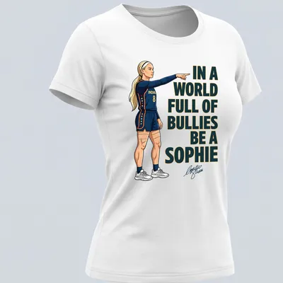 Illustrative design featuring a volleyball player with inspirational text against a navy blue background — printed on a women's shirt