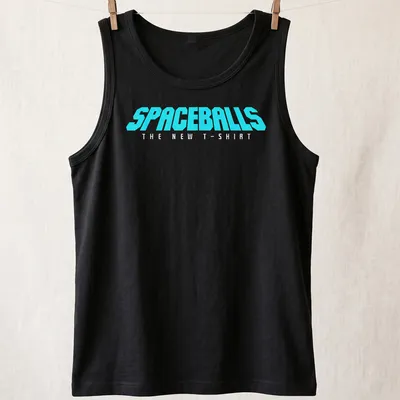 Retro style t-shirt featuring bold text from Spaceballs on a cyan background — printed on a tank top