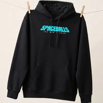 Retro style t-shirt featuring bold text from Spaceballs on a cyan background — printed on a unisex hoodie