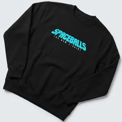 Retro style t-shirt featuring bold text from Spaceballs on a cyan background — printed on a unisex sweatshirt
