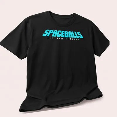 Retro style t-shirt featuring bold text from Spaceballs on a cyan background — printed on a unisex t-shirt (angled view)