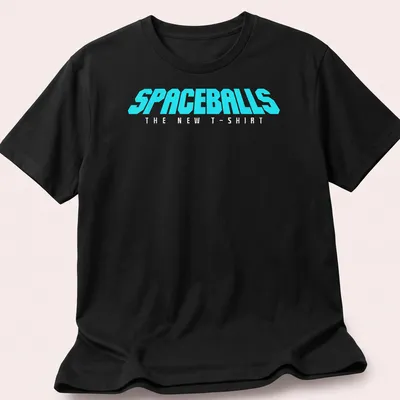 Retro style t-shirt featuring bold text from Spaceballs on a cyan background
