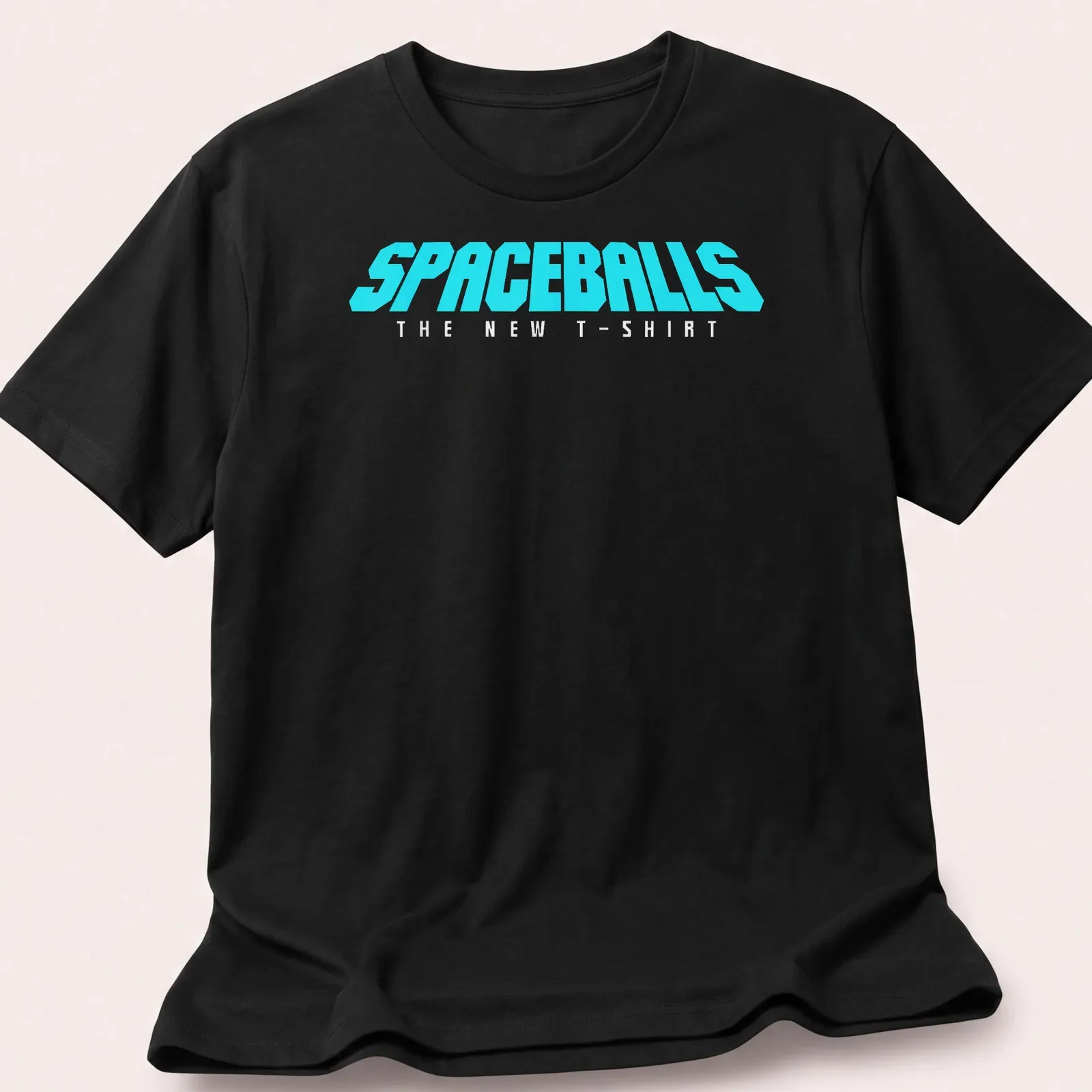 Retro style t-shirt featuring bold text from Spaceballs on a cyan background — printed on a unisex t-shirt