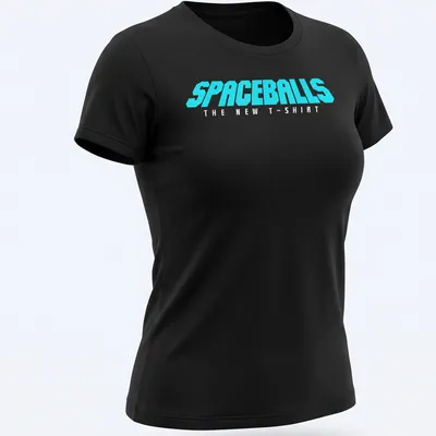 Retro style t-shirt featuring bold text from Spaceballs on a cyan background — printed on a women's shirt