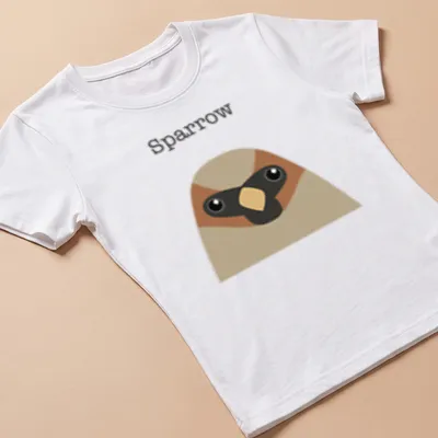 Kawaii design of a cute sparrow with a charming expression — printed on a women's shirt
