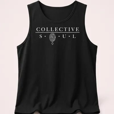 Modern minimalist Collective Soul t-shirt with spiral arrow and bold lettering — printed on a tank top