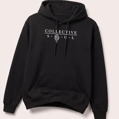 Modern minimalist Collective Soul t-shirt with spiral arrow and bold lettering — printed on a unisex hoodie