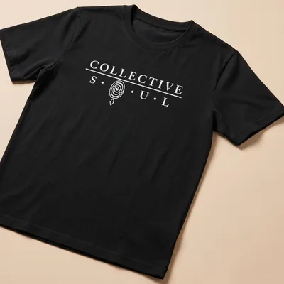 Modern minimalist Collective Soul t-shirt with spiral arrow and bold lettering