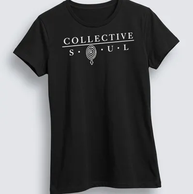 Modern minimalist Collective Soul t-shirt with spiral arrow and bold lettering — printed on a women's shirt