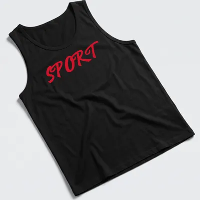 Bold red Sport t-shirt with the text 'SPORT Sport Sport' in script — printed on a tank top