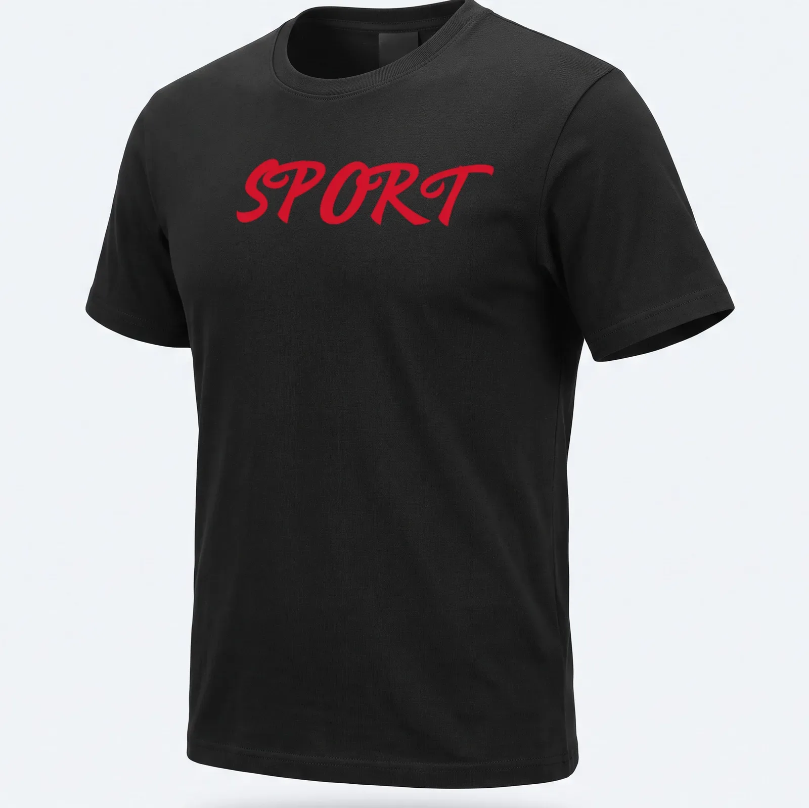 Bold red Sport t-shirt with the text 'SPORT Sport Sport' in script — printed on a unisex t-shirt