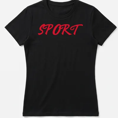 Bold red Sport t-shirt with the text 'SPORT Sport Sport' in script — printed on a women's shirt