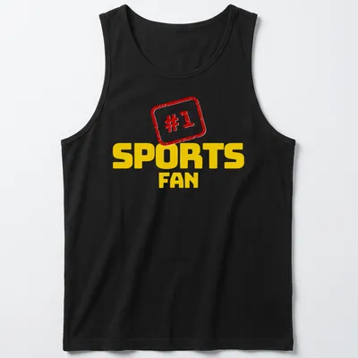 Bold typography t-shirt for sports lovers with #1 SPORTS FAN text — printed on a tank top