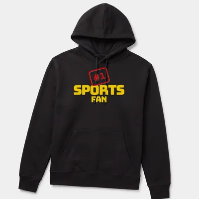 Bold typography t-shirt for sports lovers with #1 SPORTS FAN text — printed on a unisex hoodie