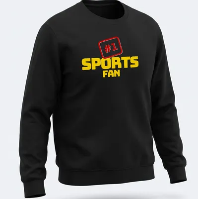 Bold typography t-shirt for sports lovers with #1 SPORTS FAN text — printed on a unisex sweatshirt