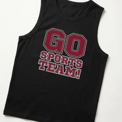 Bold collegiate t-shirt with 'GO SPORTS TEAM!' in maroon, black, and white — printed on a tank top