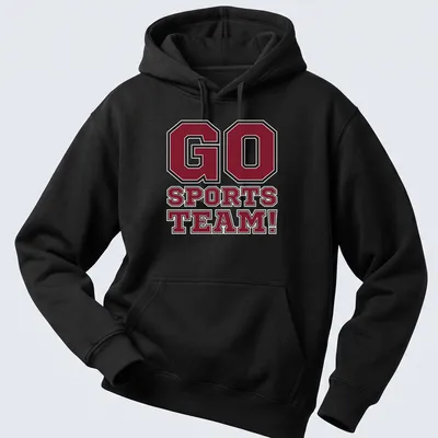 Bold collegiate t-shirt with 'GO SPORTS TEAM!' in maroon, black, and white — printed on a unisex hoodie
