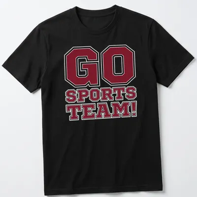 Bold collegiate t-shirt with 'GO SPORTS TEAM!' in maroon, black, and white