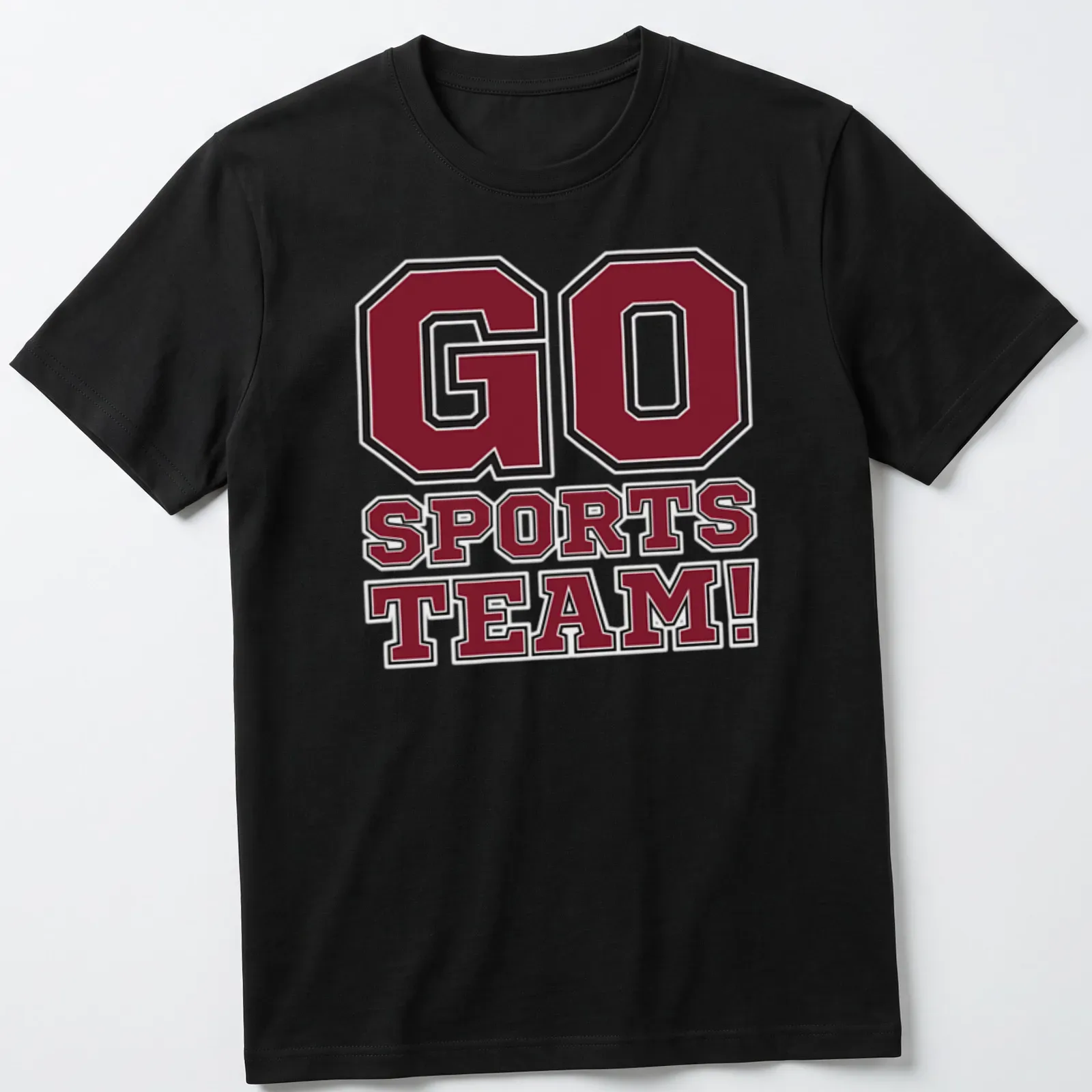 Bold collegiate t-shirt with 'GO SPORTS TEAM!' in maroon, black, and white — printed on a unisex t-shirt