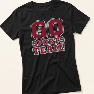 Bold collegiate t-shirt with 'GO SPORTS TEAM!' in maroon, black, and white — printed on a women's shirt