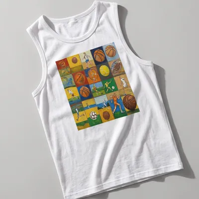 Colorful collage of various sports activities on a vintage-style — printed on a tank top