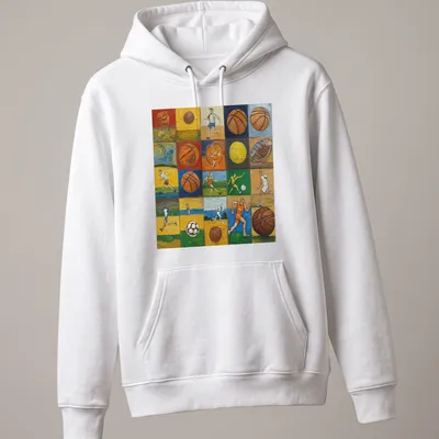 Colorful collage of various sports activities on a vintage-style — printed on a unisex hoodie