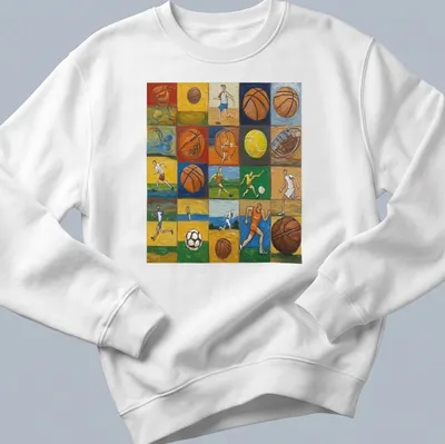 Colorful collage of various sports activities on a vintage-style — printed on a unisex sweatshirt