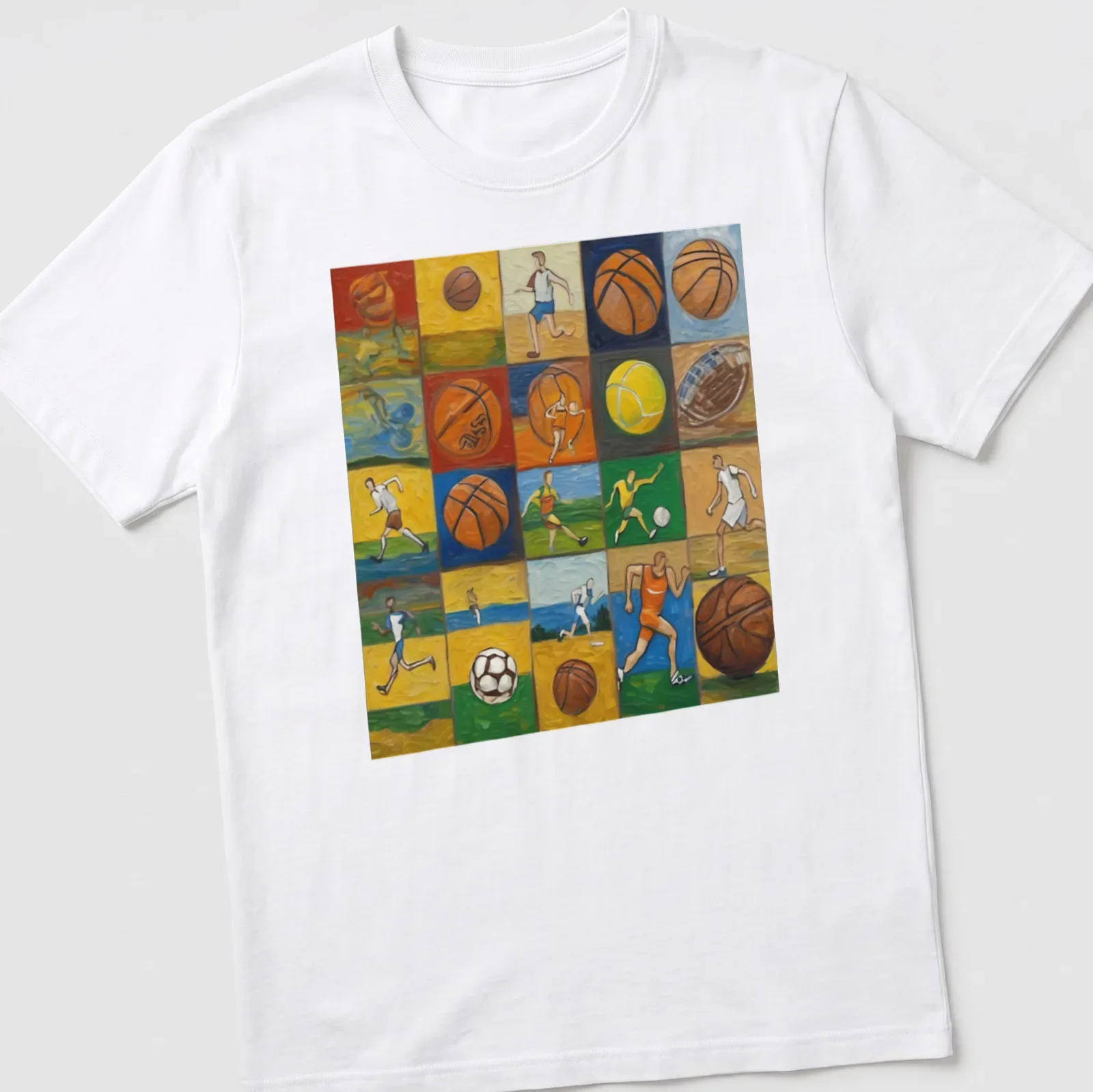 Colorful collage of various sports activities on a vintage-style — printed on a unisex t-shirt