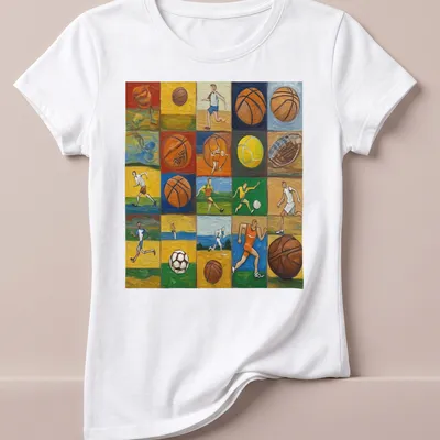 Colorful collage of various sports activities on a vintage-style — printed on a women's shirt