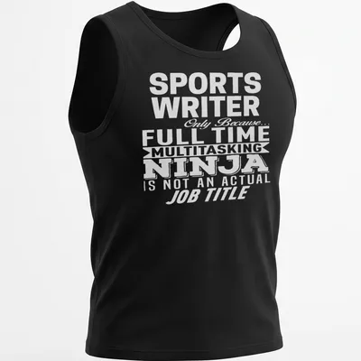 Illustration of a sports writer engaged in writing with a notebook and pen. — printed on a tank top