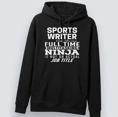 Illustration of a sports writer engaged in writing with a notebook and pen. — printed on a unisex hoodie