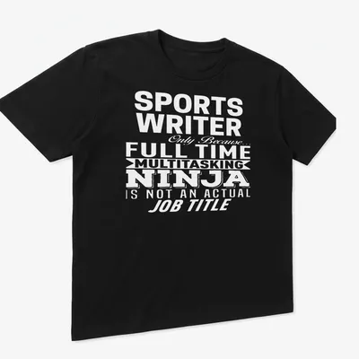 Illustration of a sports writer engaged in writing with a notebook and pen. — printed on a unisex t-shirt (angled view)