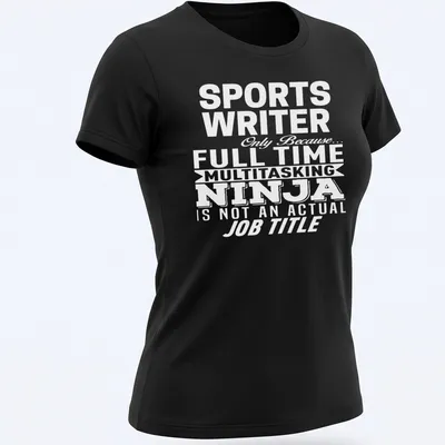 Illustration of a sports writer engaged in writing with a notebook and pen. — printed on a women's shirt