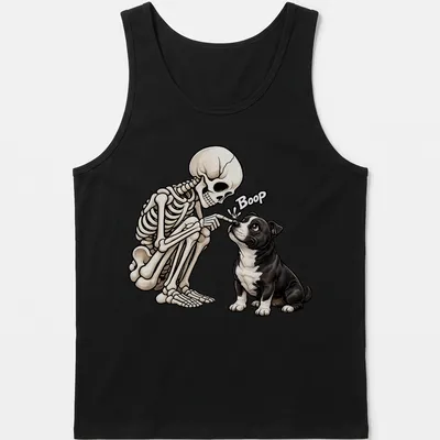 Cartoon Staffordshire Bull Terrier with skeleton, with the word Boop in black and beige — printed on a tank top