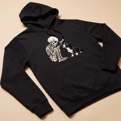 Cartoon Staffordshire Bull Terrier with skeleton, with the word Boop in black and beige — printed on a unisex hoodie