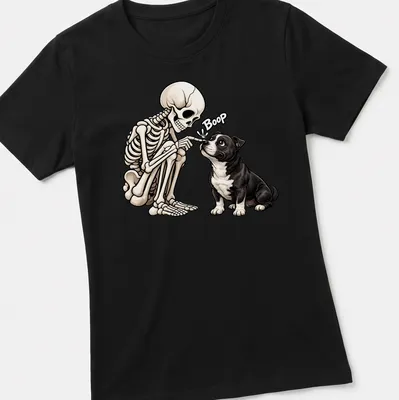 Cartoon Staffordshire Bull Terrier with skeleton, with the word Boop in black and beige — printed on a women's shirt