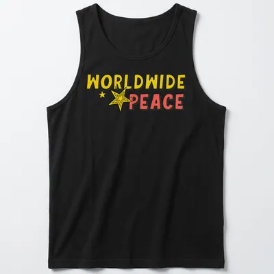 Bold cartoon graphic of a star with 'WORLDWIDE PEACE' text in yellow, red, and black — printed on a tank top