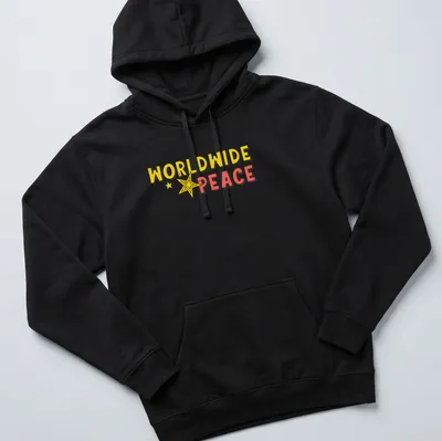 Bold cartoon graphic of a star with 'WORLDWIDE PEACE' text in yellow, red, and black — printed on a unisex hoodie