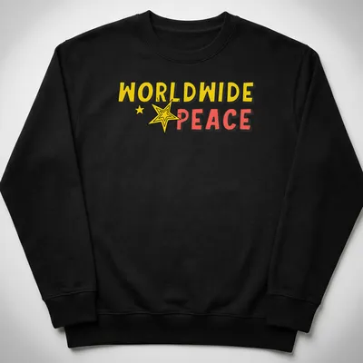 Bold cartoon graphic of a star with 'WORLDWIDE PEACE' text in yellow, red, and black — printed on a unisex sweatshirt